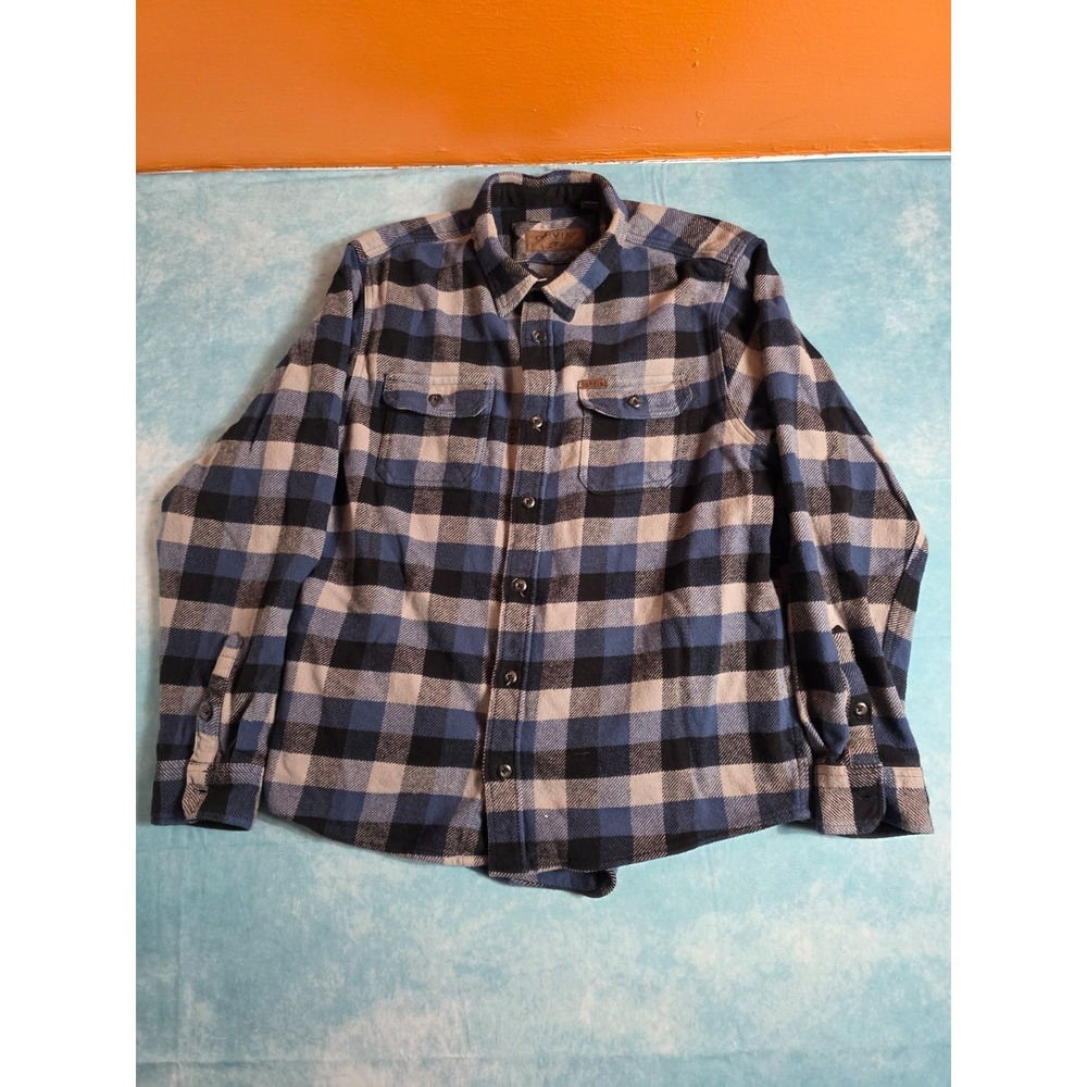 Orvis Mens Buffalo Plaid Flannel Shirt XL Blue Black Check Button Up Pockets